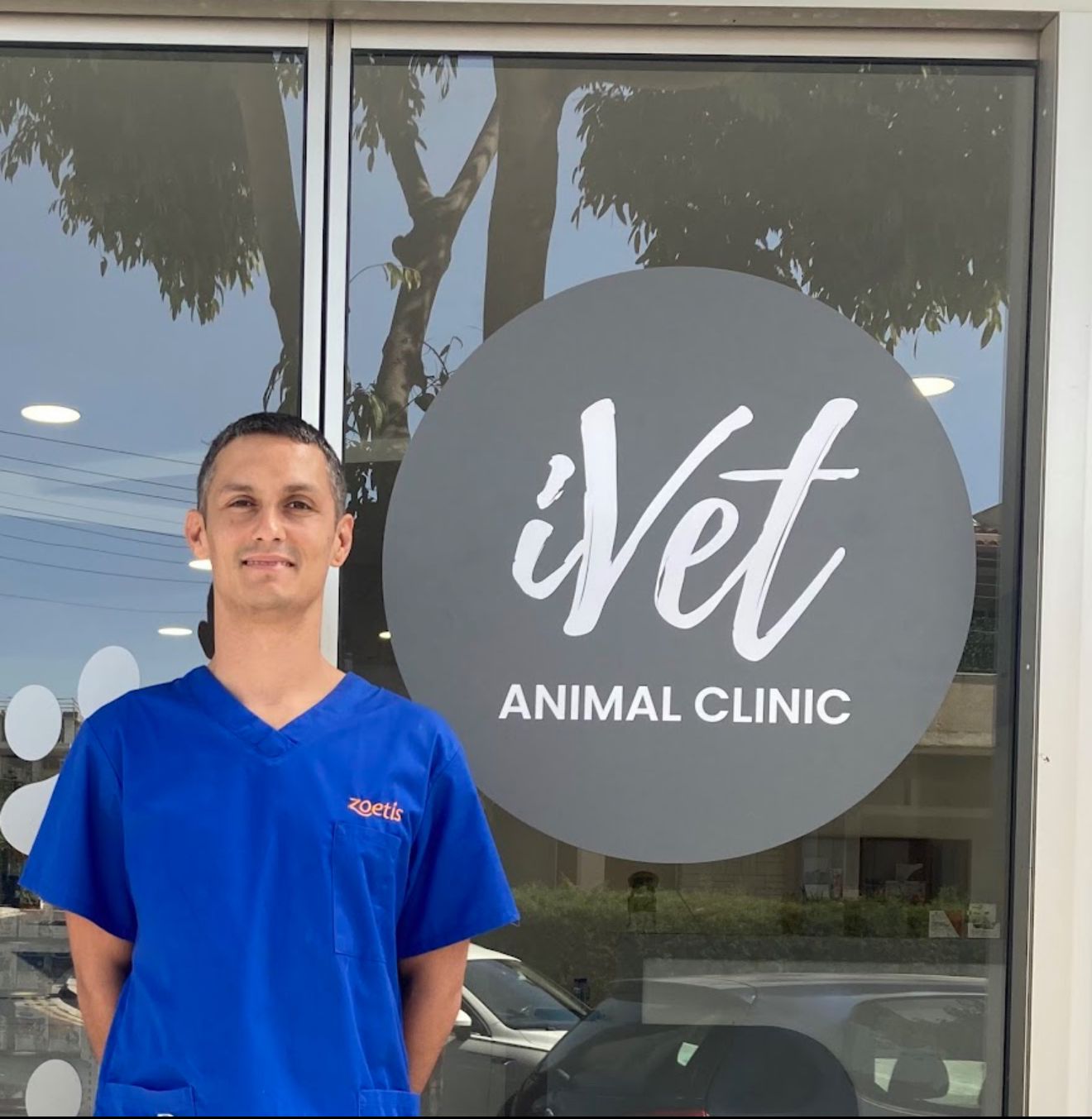 Dr. Jakub Vinc outside iVet Animal Clinic in Paphos, Cyprus